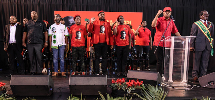 The EFF leadership and Patrick Zhuwao (in white shirt) at Robert Mugabe's memorial service on September 12 2019.