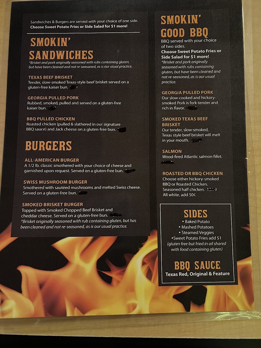 Parker's Smokehouse gluten-free menu