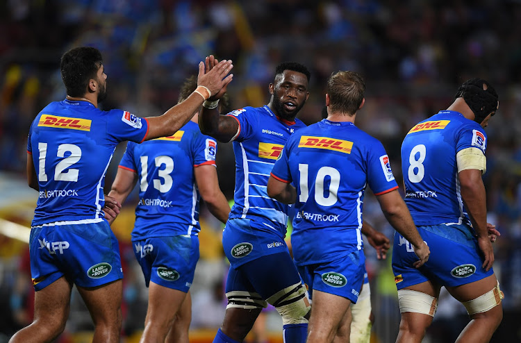 The DHL Stormers captain Siya Kolisi and his teammates celebrate Damian de Allende try during their Super Rugby match against the Jaguares at Newlands in Cape Town on March 15 2019.