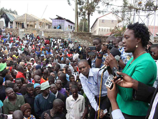 ODM leader Raila Odinga’s daughter Rosemary addresses a rally in Kamukunji Grounds, Kibera, on June 23 /COLLINS KWEYU