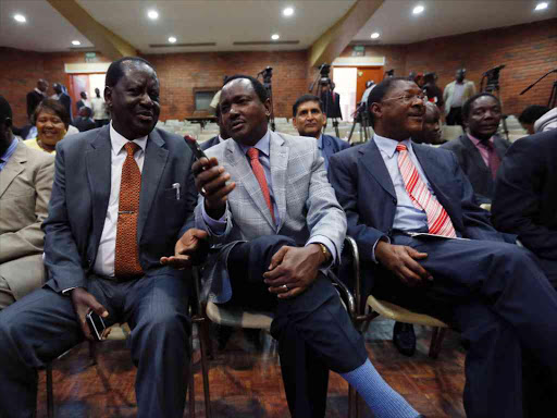 CORD co-principals Raila Odinga, Kalonzo Musyoka and Moses Wetangula during their special parliamentary group and governors summit meeting at Ufungamano house on august 23, 2016.Photo/Jack Owuor