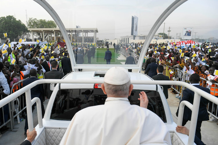 Pope Francis arrives at John Garang Mausoleum in Juba, South Sudan, February 5 2023. Picture: VATICAN MEDIA/REUTERS