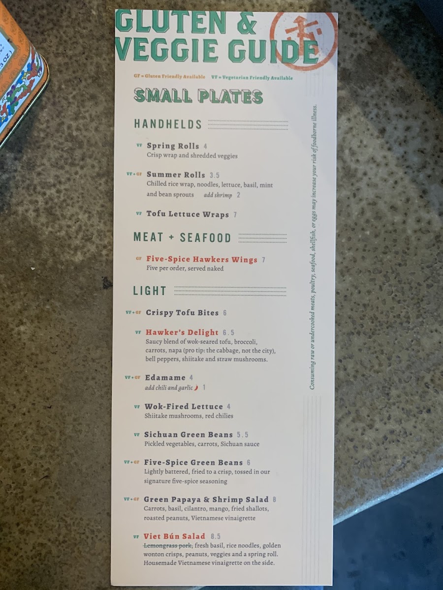 GF and vegetarian menu