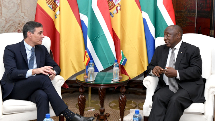 Spanish President Pedro Sánchez Pérez-Castejón and President Cyril Ramaphosa at the Union Buildings on Thursday.