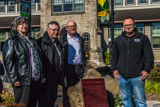 Plaque unveiling in 2017 by the BC Labour Heritage Centre, Steelworkers Local 9346 and East Kootenay Labour Council to recognize 100th anniversary of Coal Creek Mine explosion which killed 34, and...