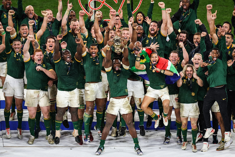 Players of South Africa celebrate the victory with the trophy during the World Cup 2023, Final rugby union match between New Zealand and South Africa on October 28,