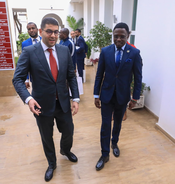 Ministry of Youth Affairs, Sports and Arts Cabinet Secretary Ababu Namwamba with Moroccan Minister for Youth, Culture and Communication Mehdi Bensaid on March 6, 2024.