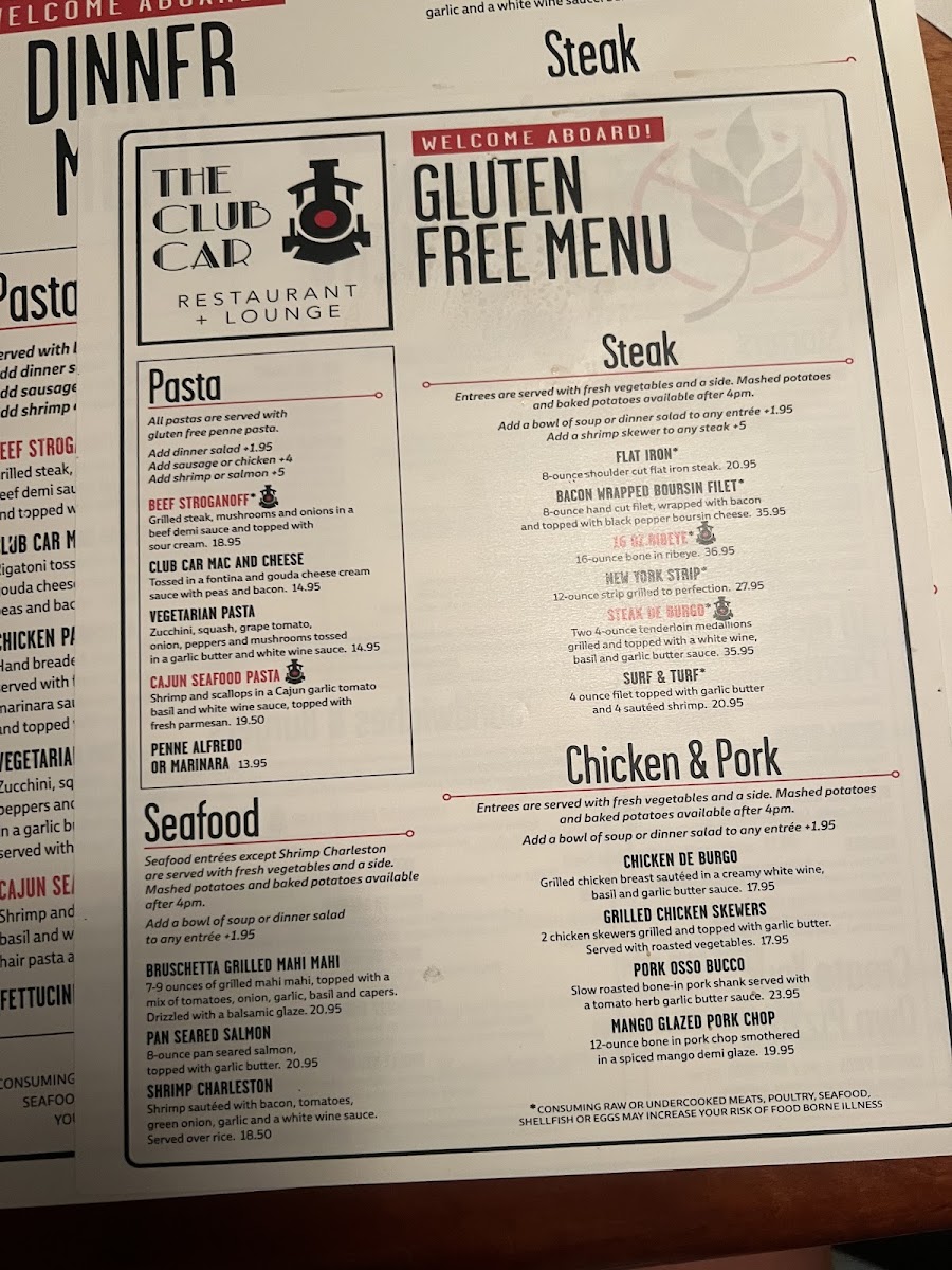 Club Car Restaurant & Lounge gluten-free menu