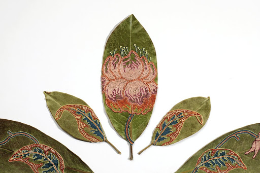 Artist Hillary Waters Fayle blends embroidery with a natural, temporary canvas, stitching fully rendered botanicals onto leaves and seed pods.