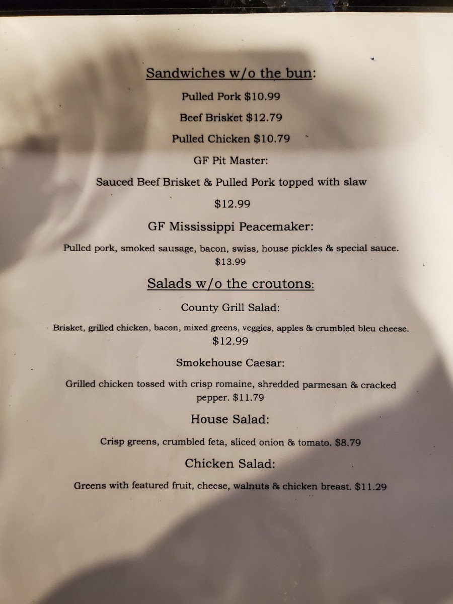 County Grill & Smokehouse gluten-free menu