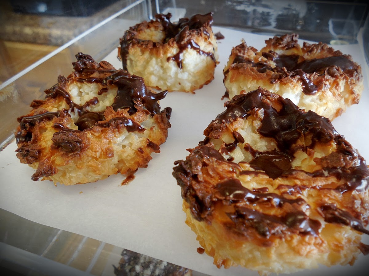 GF Coconut Macaroons offered in several varieties such as Plain, Chocolate, Orange Zest & Honey, Map