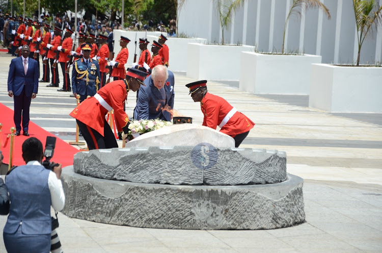 King Charles lays a wreath at the Tomb of Unknown Soldier at Uhuru Gardens National Monument and Museum on October 31, 2023.