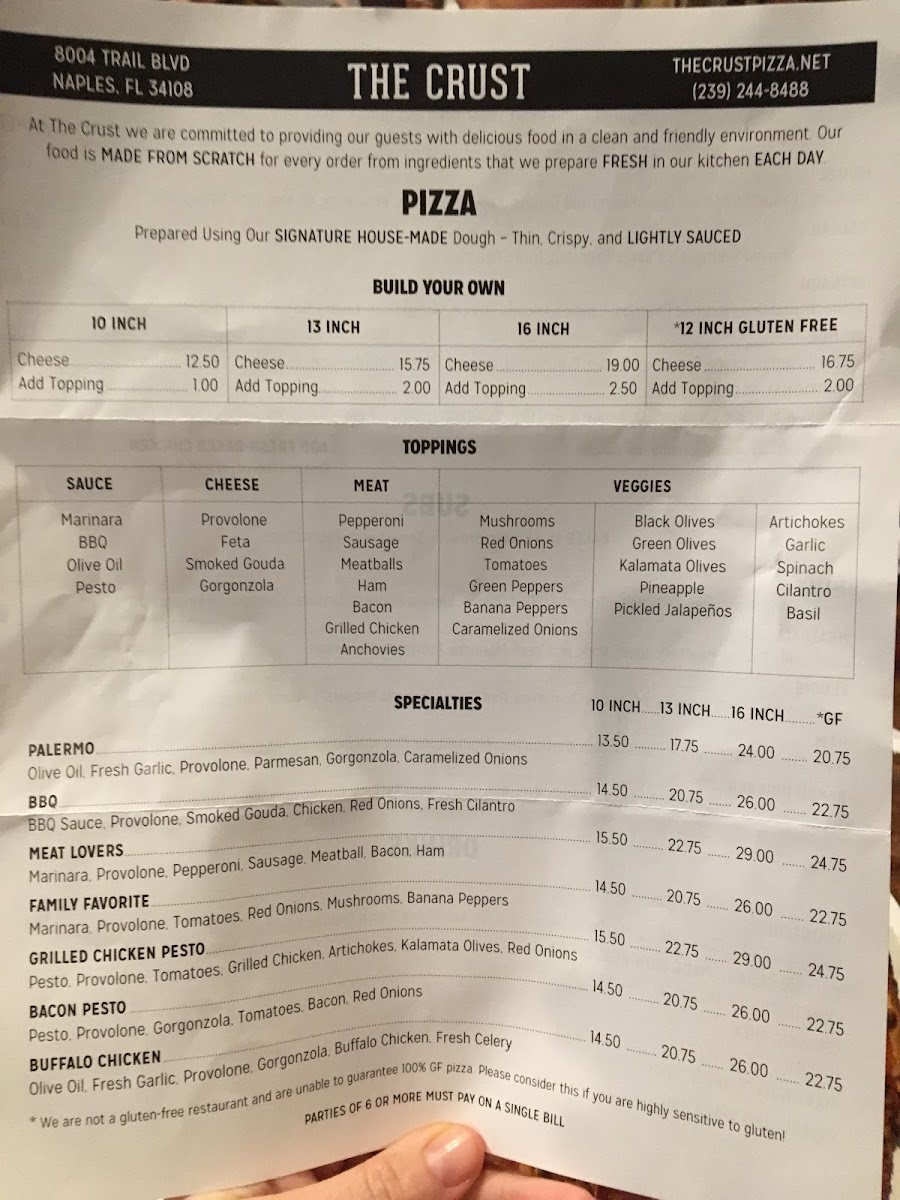 Pizza menu