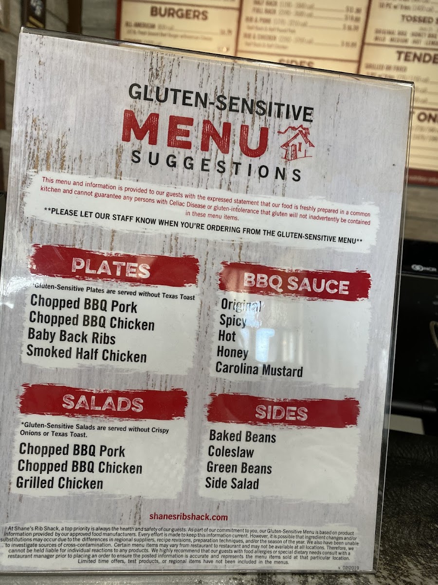 Shane's Rib Shack gluten-free menu