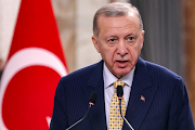 Turkey's President Recep Tayyip Erdogan speaks during a joint statement to the media in Baghdad, Iraq, on April 22 2024.     