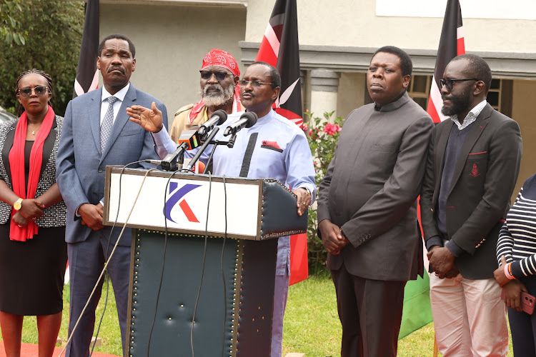 Azimio leaders led by Wiper leader Kalonzo Musyoka addressing the press on May 8, 2024.