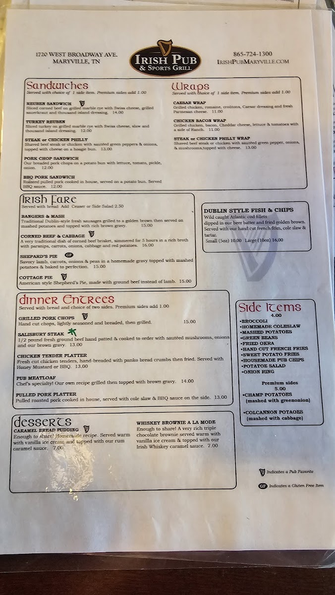 Irish Pub & Sports Grill gluten-free menu