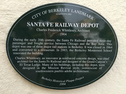 CITY OF BERKELEY LANDMARK designated in 2001 SANTA FE RAILWAY DEPOTCharles Frederick Whittlesey, Architect1904 During the early 20th century, the Santa Fe Railroad provided three-day passenger and...