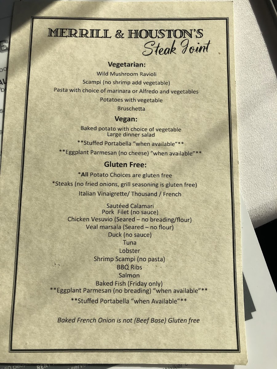 Gluten free menu on 7/12/19