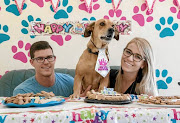 Gary Spencer, left, and Casey Malone with their dog, Bear, at his birthday party. Doggie daycare centres often offer birthday parties, cakes and other delicacies.