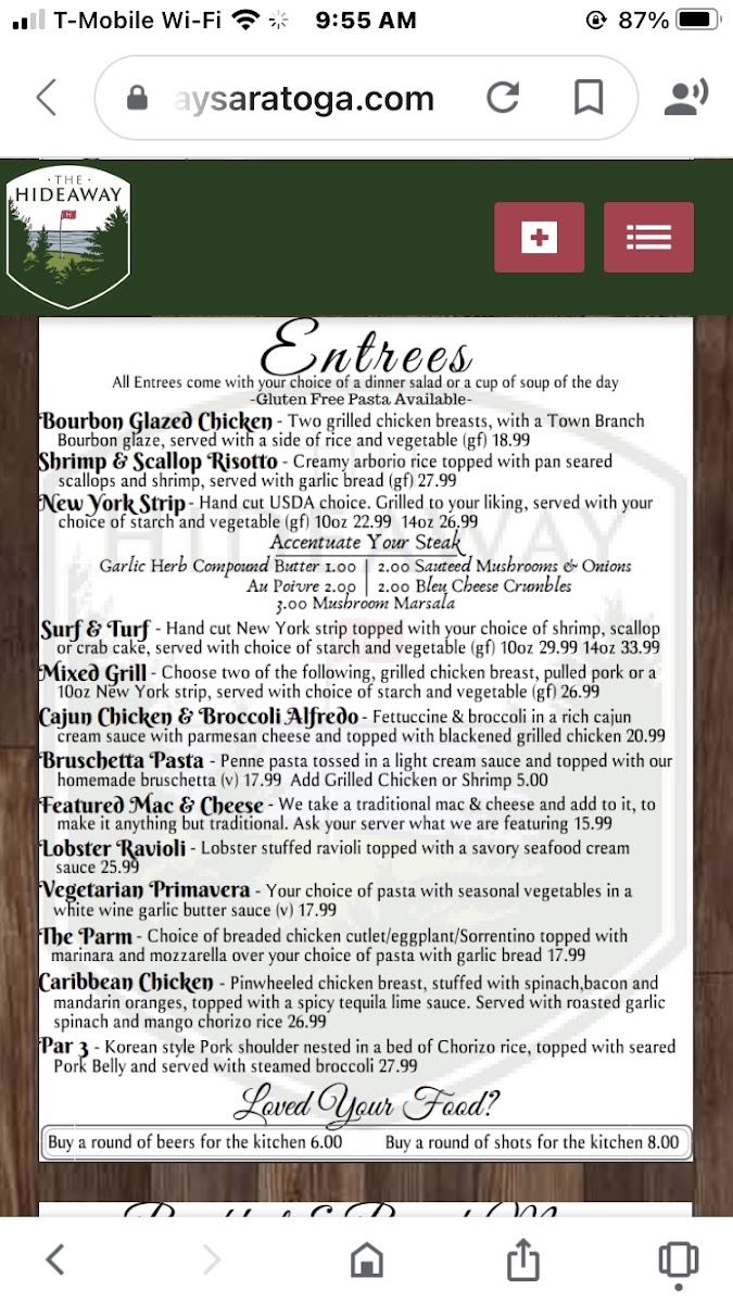 The Hideaway gluten-free menu