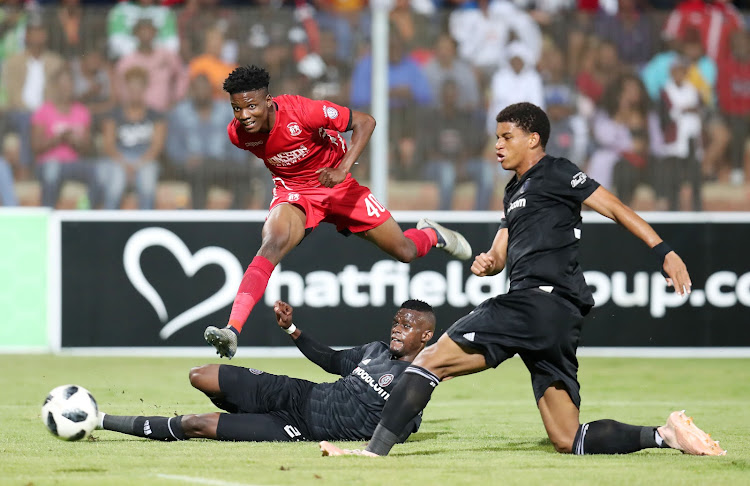 Sphiwe Mahlangu of Highlands Park scores goal while challenged by Innocent Maela and Marcelo Da Silver of Orlando Pirates during the Absa Premiership 2018/19 match between Highlands Park and Orlando Pirates at the Makhulong Stadium, Tembisa on 08 January 2019.
