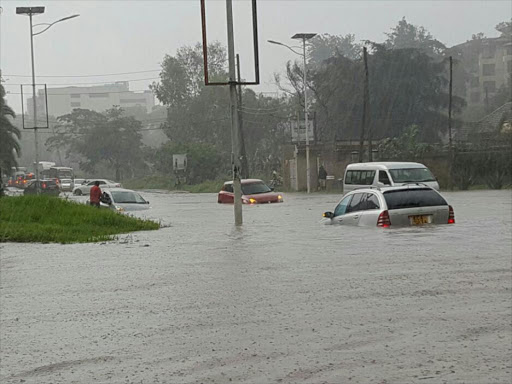 Floodwater on Ojijo Road in Westlands following a heavy downpour in Nairobi, April 28, 2016. Photo/CYNTHIA MISIKI