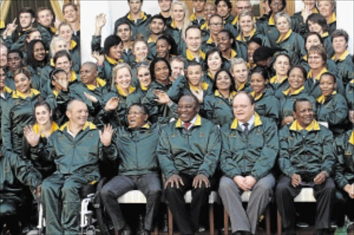 LET THE GAMES BEGIN: From right seated, Sascoc president Gideon Sam, Deputy Minister of Sport and Recreation Gert Oosthuizen, Deputy President Cyril Ramaphosa and Minister of Sport and Recreation Fikile Mbalula during a farewell function for Team SA in Pretoria photo: Veli Nhlapo