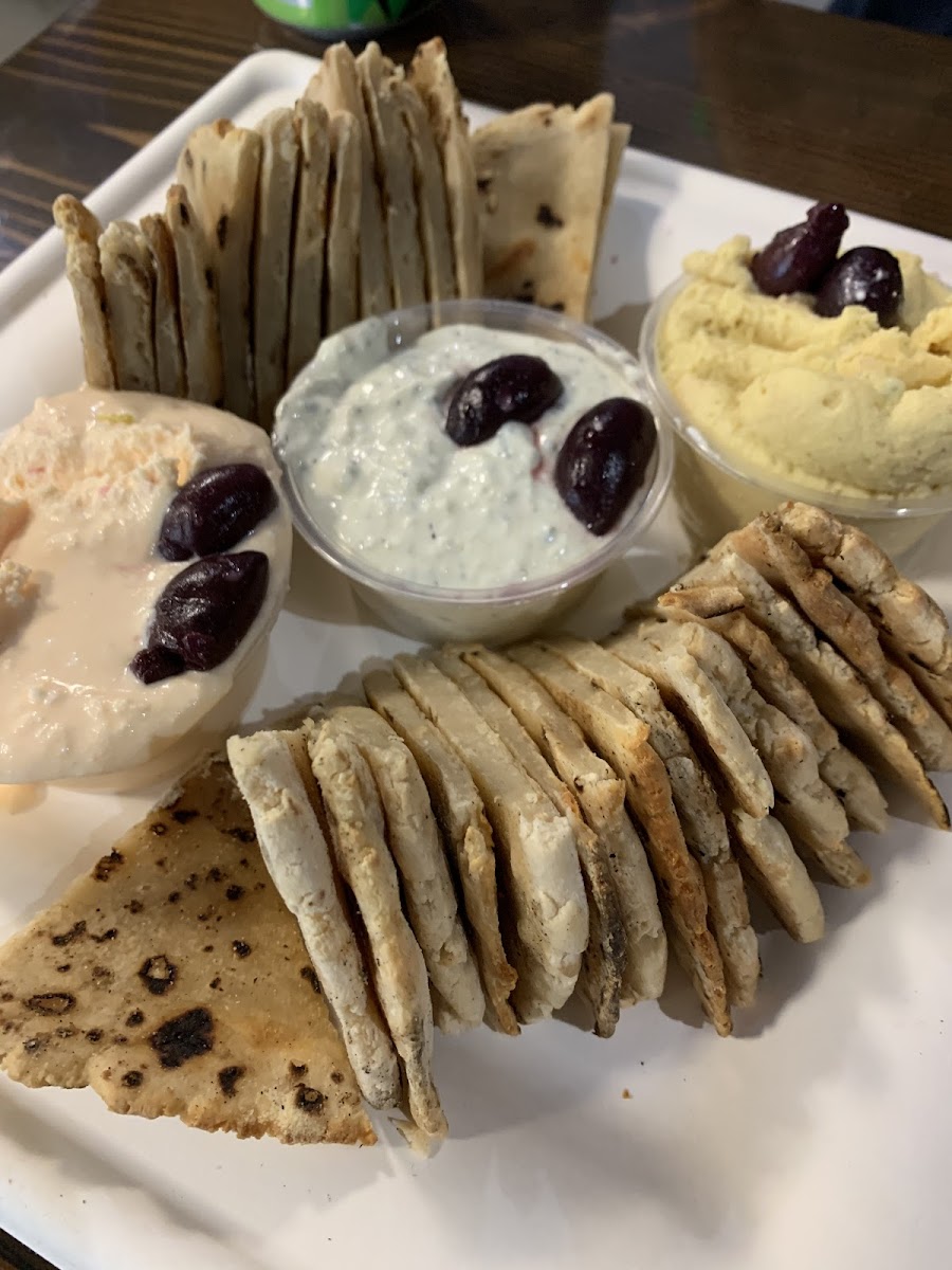 Gluten free house made pita made in a separate oven with three dips