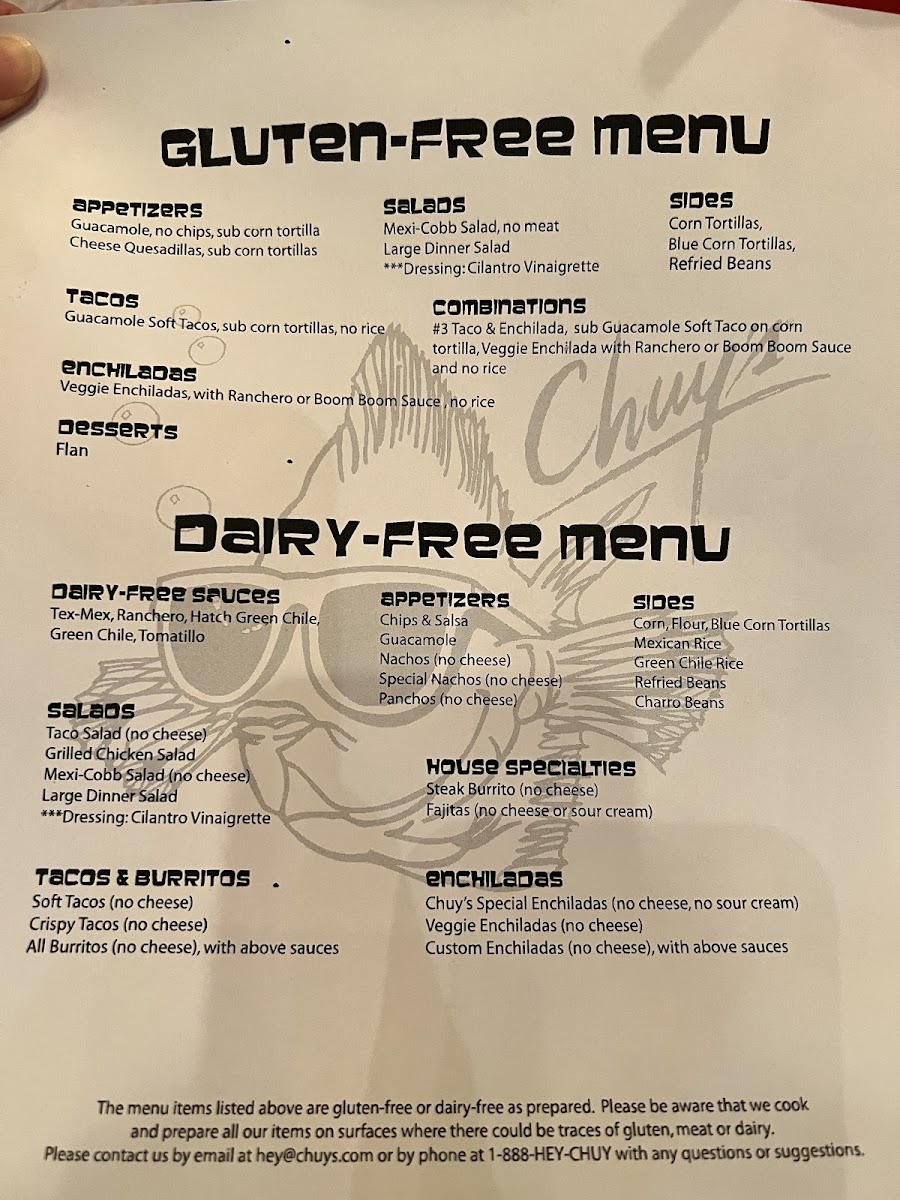 Gluten Free/ Dairy Free Menu