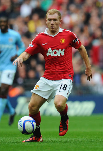 Paul Scholes of Manchester United in action during the FA Cup semifinal between Manchester City and Manchester United at Wembley Stadium on April 16, 2011 in London, England