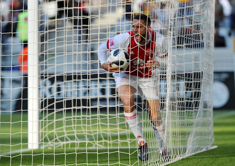 Roscoe Pietersen of Ajax Cape Town retrieves the ball from the net during the Absa Premiership game against Kaizer Chiefs at Cape Town Stadium on May 12 2018.
