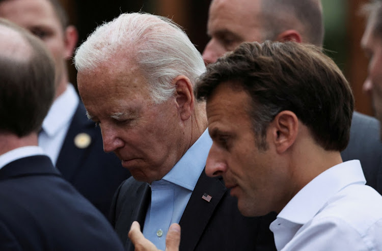 US President Joe Biden, left, and French President Emmanuel Macron attend the G7 leaders summit at the Bavarian resort of Schloss Elmau castle, near Garmisch-Partenkirchen, Germany, in this June 27 2022 file photo. Picture: REUTERS/LUKAS BARTH