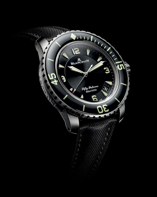 The new Fifty Fathoms Automatique model combines its ebony-black colour with a satin-brushed titanium case.