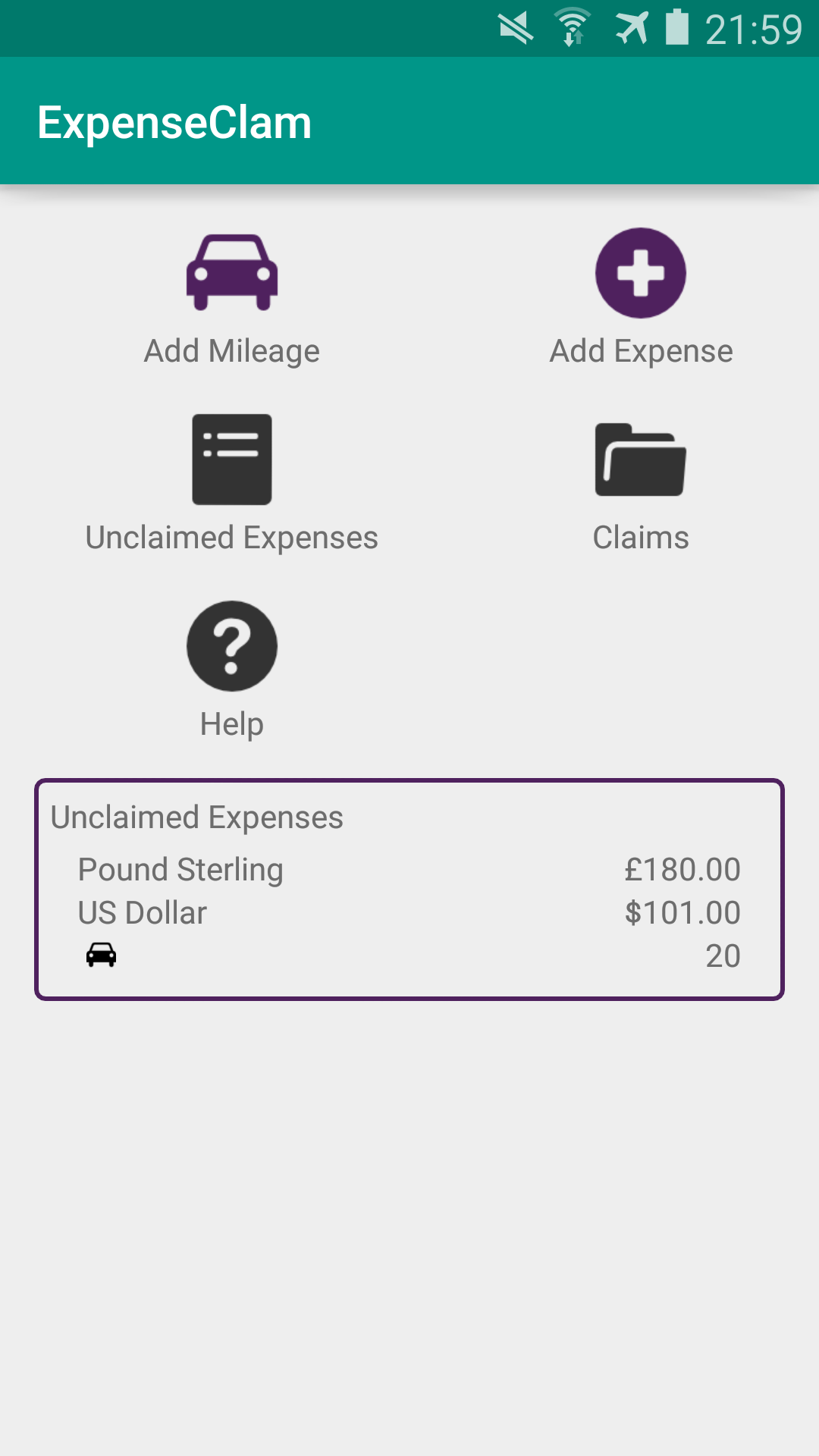 Android application ExpenseClam expenses &amp; mileage screenshort
