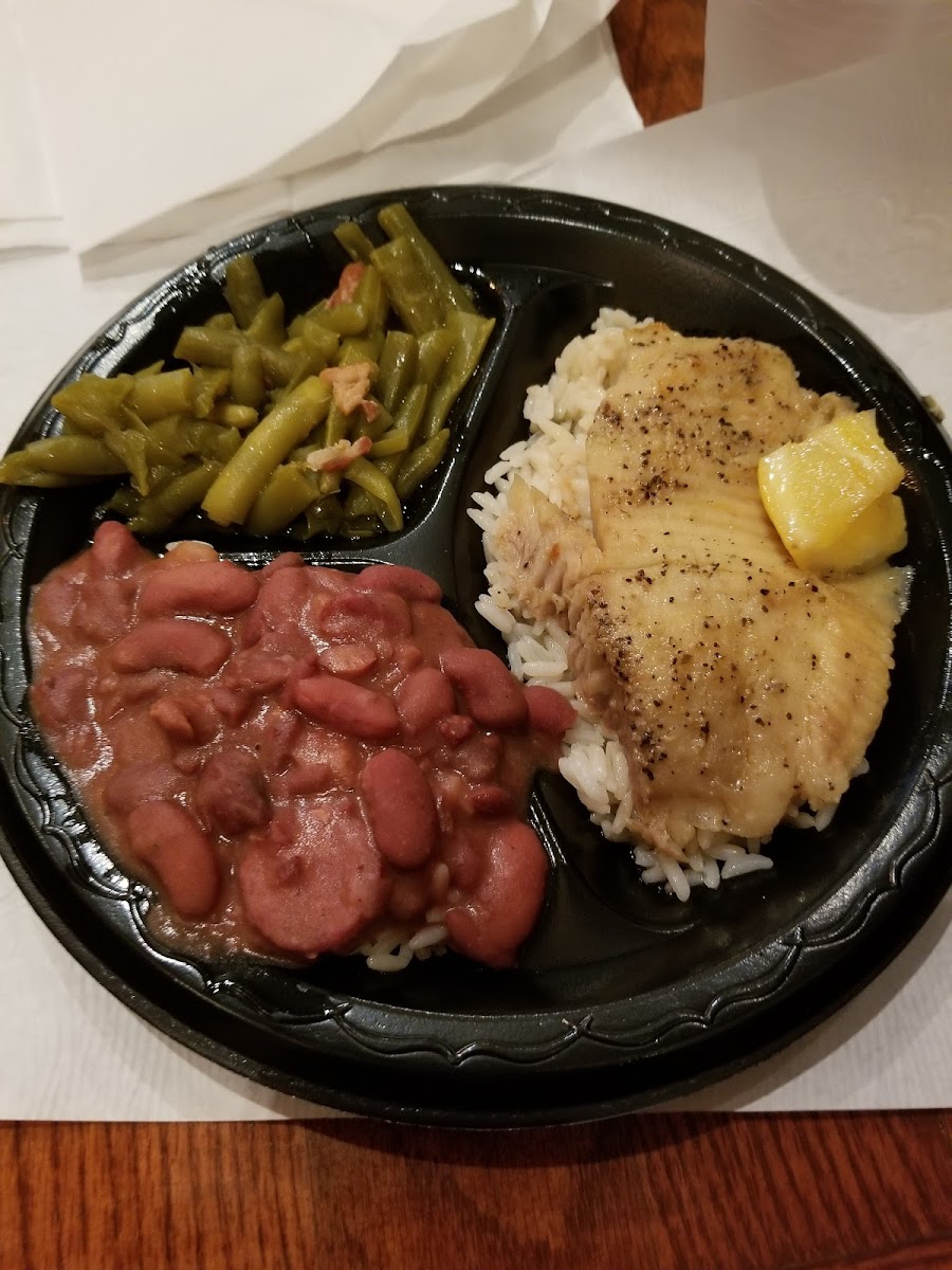 Tilapia with butter sauce, red beans and rice, green beans