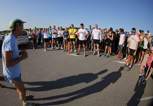 Bruce Fordyce speaks to runners ahead of East London's first Park Run race held in Nahoon . Picture ALAN EASON