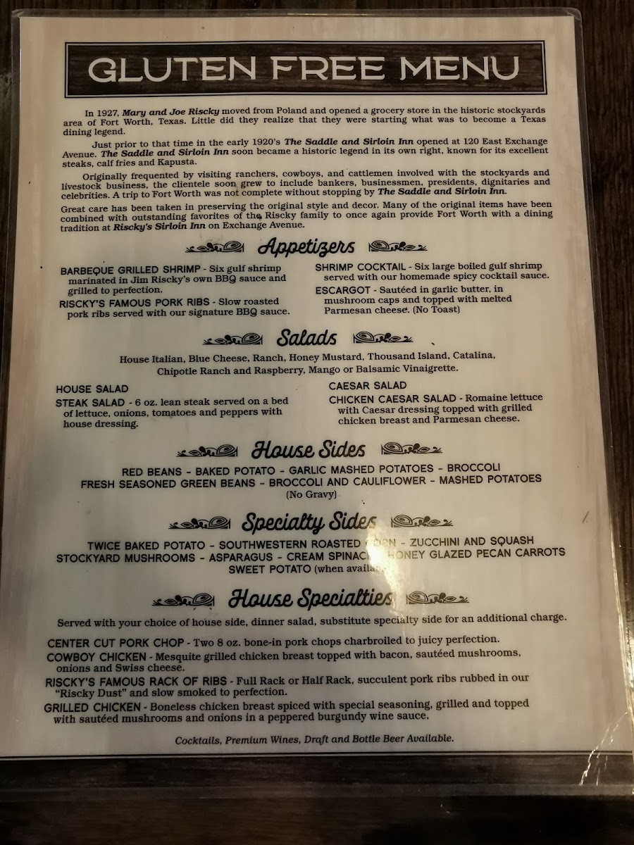 Riscky's Steakhouse gluten-free menu