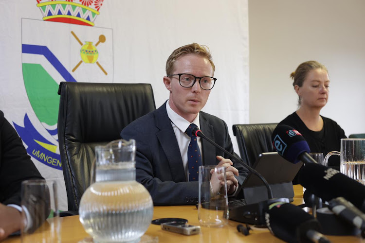 uMngeni mayor Chris Pappas at a briefing after the death of DA councillor for uMngeni municipality Nhlalayenza Ndlovu.