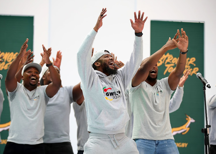 Gwijo Squad members sing during a Springbok squad announcement in Johannesburg in August 2019.