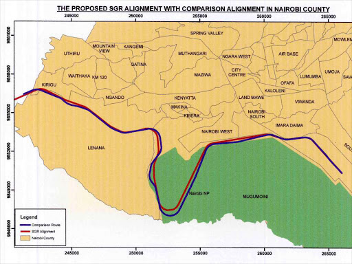 This December 2015 proposed route of the SGR has been abandoned. The railway will still cut through the park on raised platform without making the deep cut into the park.