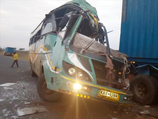 The wreckage of the passenger bus which was involved in an accident at Satelite area on Narok-Mai Mahiu highway, Sunday September 10, 2017. /COURTESY