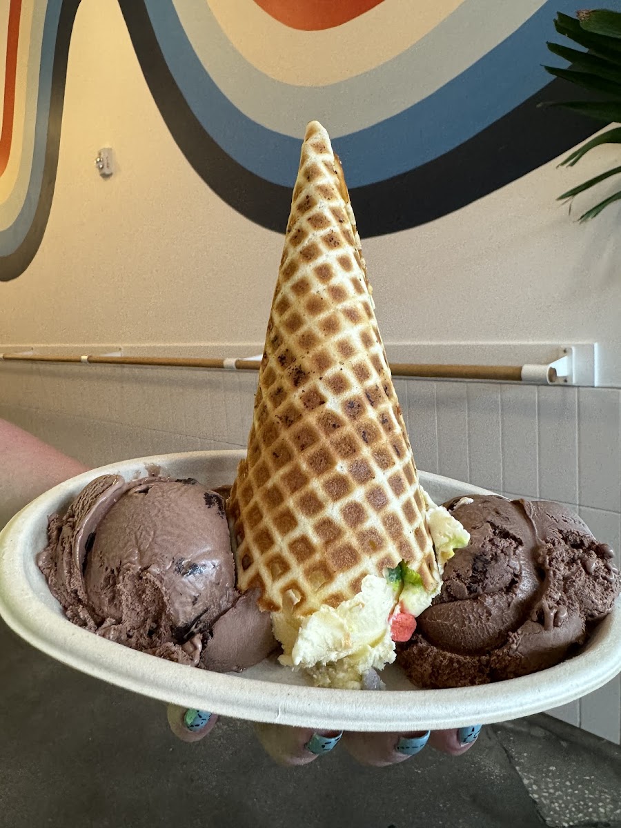 2 Belgium brownie scoops and one scoop of Luck of the Irish (brownies made with almond flour)