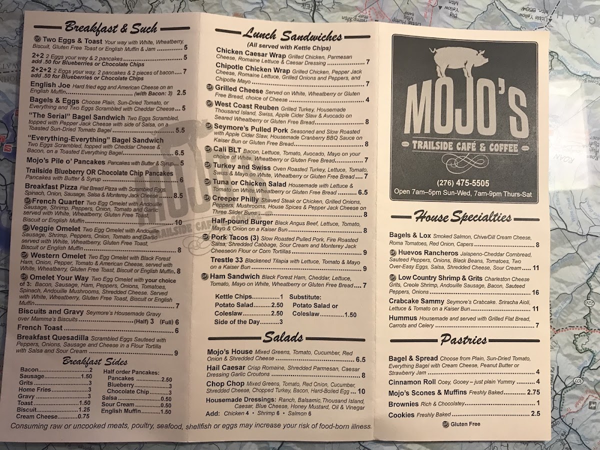 Mojo's Trailside Cafe & Coffee gluten-free menu