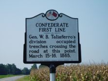 Gen. W. B. Taliaferro's division occupied trenches crossing the road at this point, March 15-16, 1865.Plaque via North Carolina Highway Historical Marker Program, and is used with their...