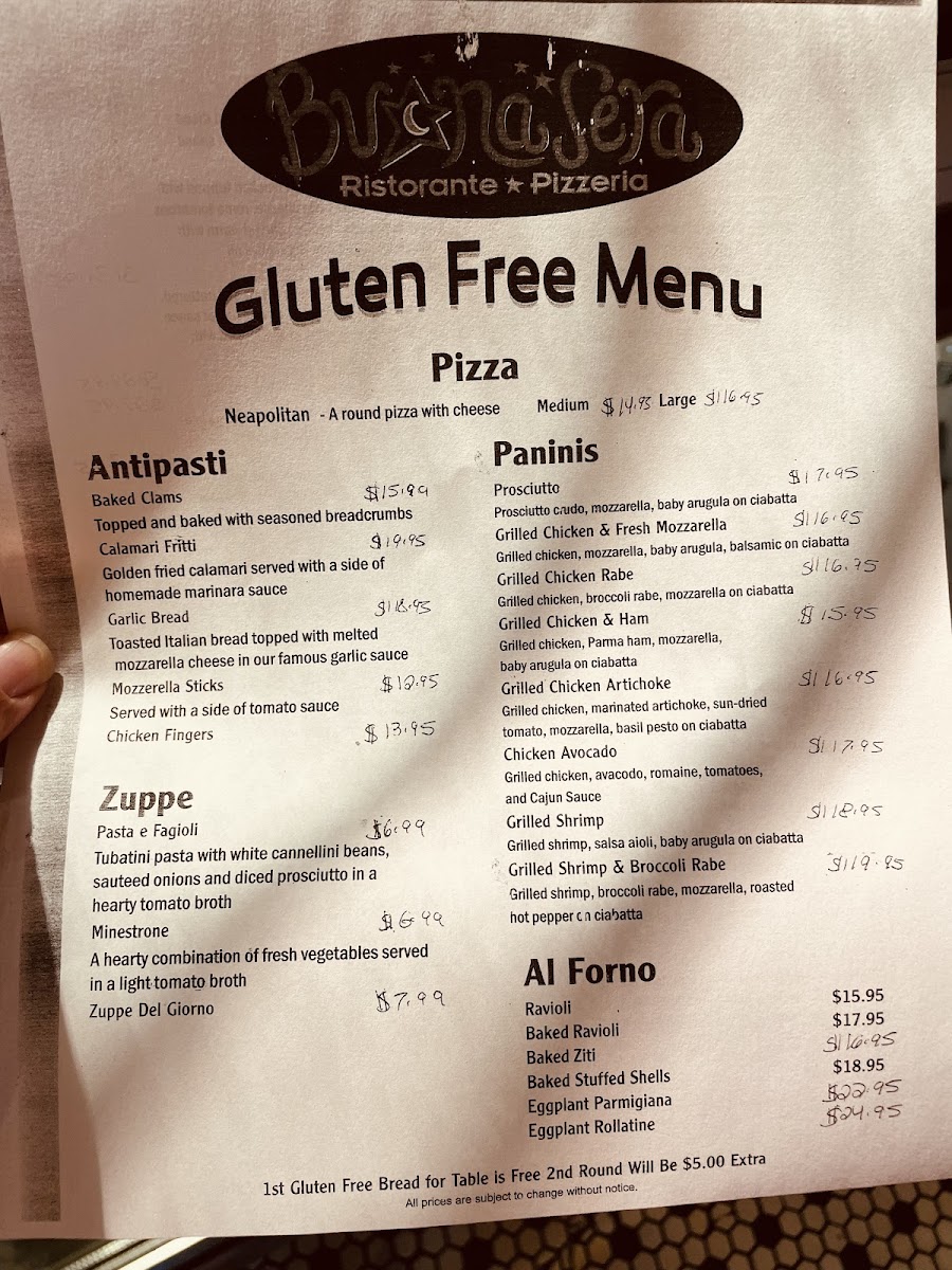 Buona Sera gluten-free menu