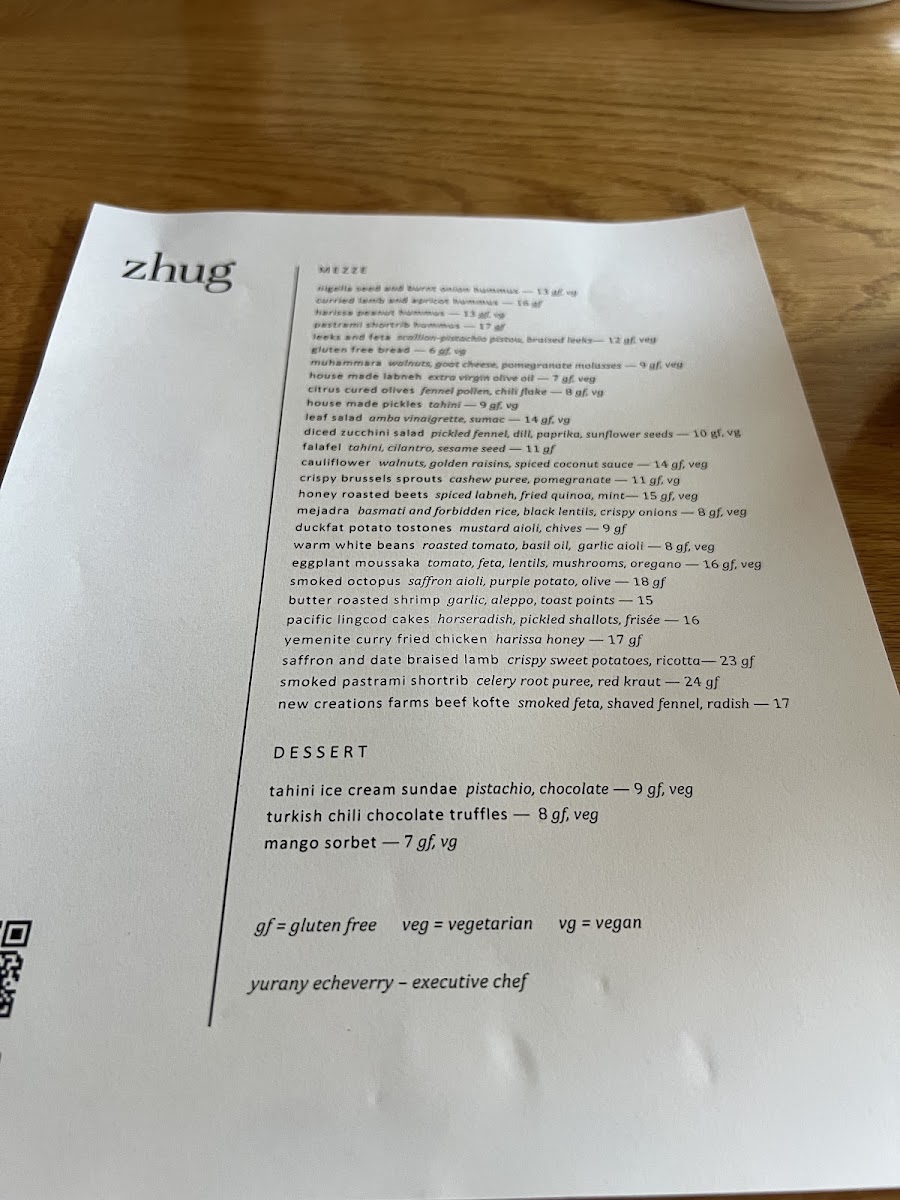 Zhug gluten-free menu