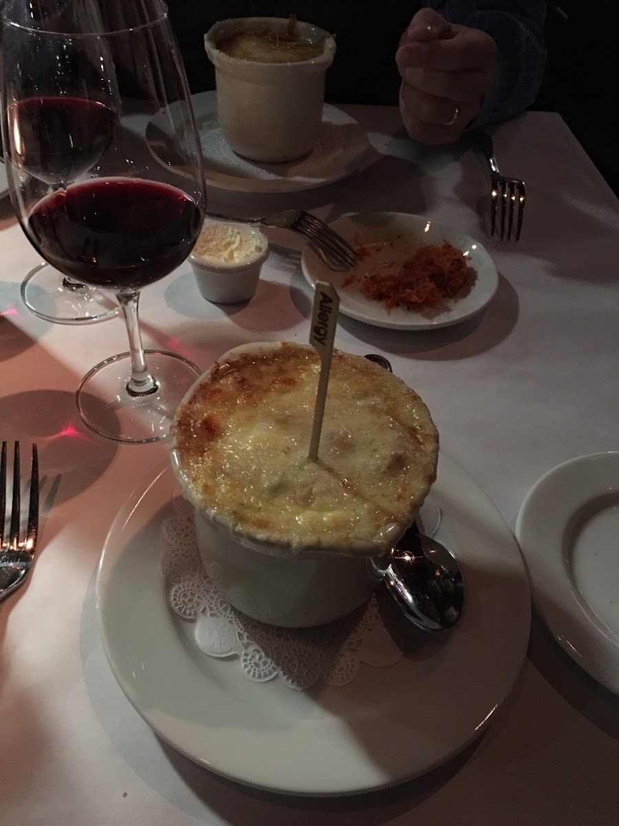 Onion soup with a little toothpick that said Allergy!