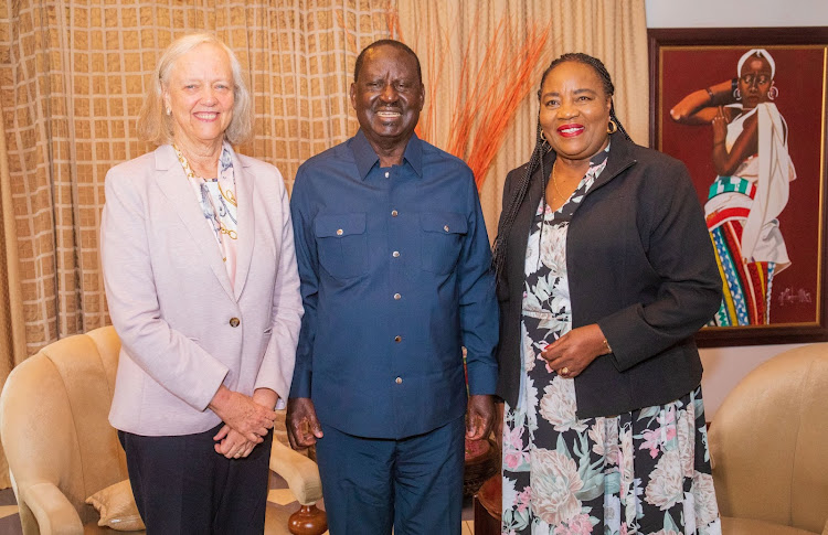 US ambassador to Kenya Meg Whitman, Azimio leader Raila Odinga and Ida Odinga during a meeting on May 3,2024.