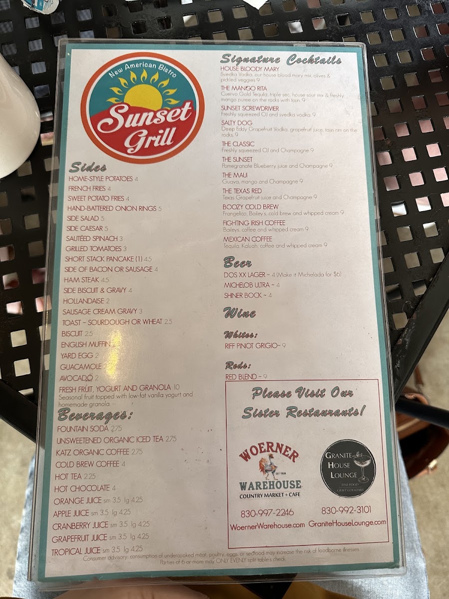 Sunset Grill gluten-free menu